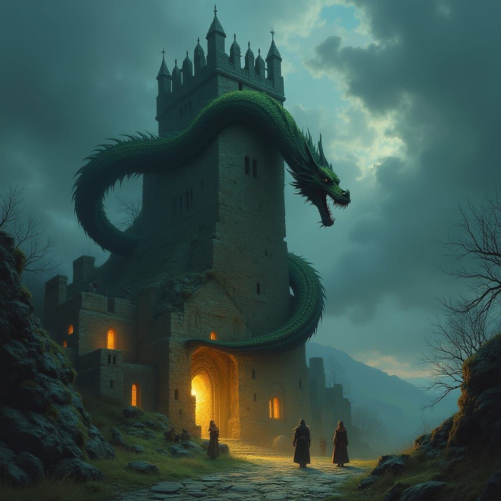 Moss Dragon Perched on Gothic Twilight Tower
