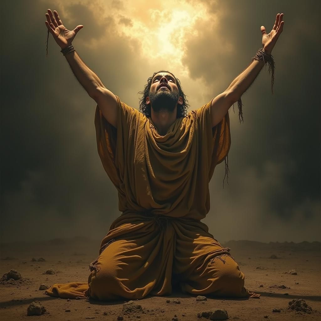 Biblical Job in Stormy Worship: Hyperrealistic Art