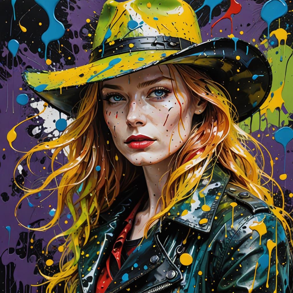 Vibrant Expressionist Portrait of a Lady Guitarist in a Pain...