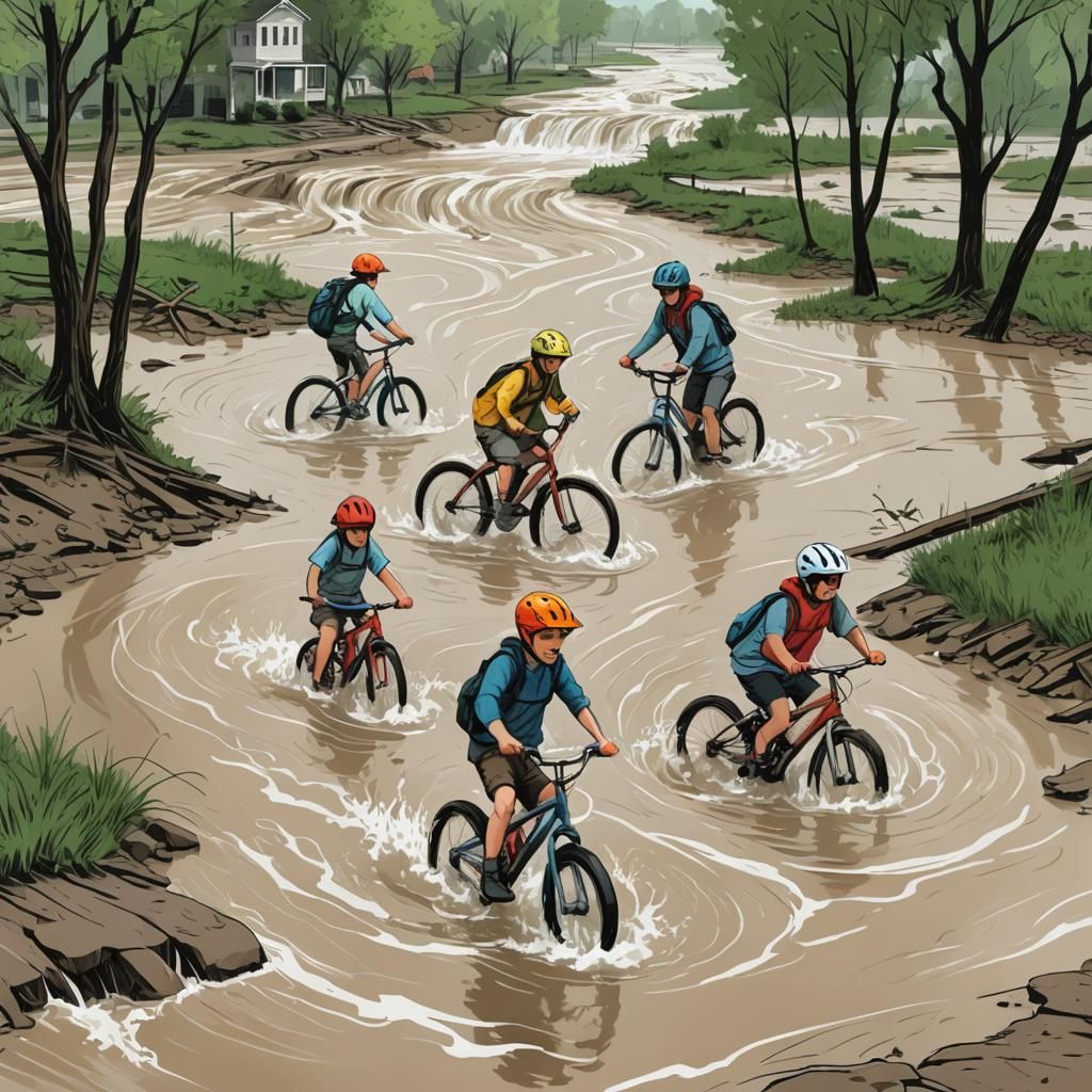 Children Cycle Through Flooded Streets: Naive Drawing