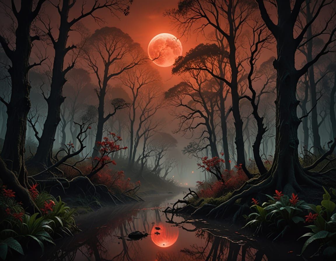 Surreal Forest Under Blood Moon in Ethereal Mist
