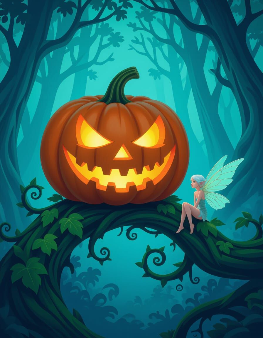 Menacing Pumpkin and Fairy in Misty Forest