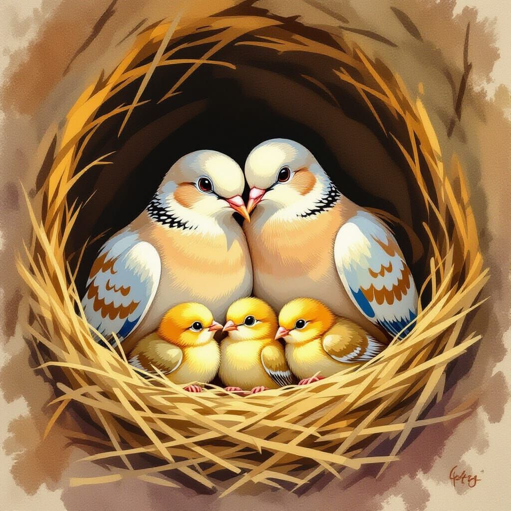Doves Cozy Nest with Baby Birds in Warm Watercolor Style