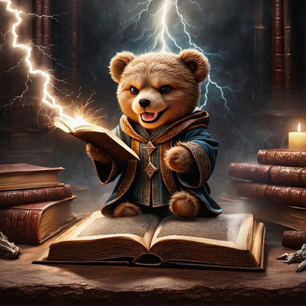 Teddy Bear Wizard Casting Lightning Spell: Fantasy Realism