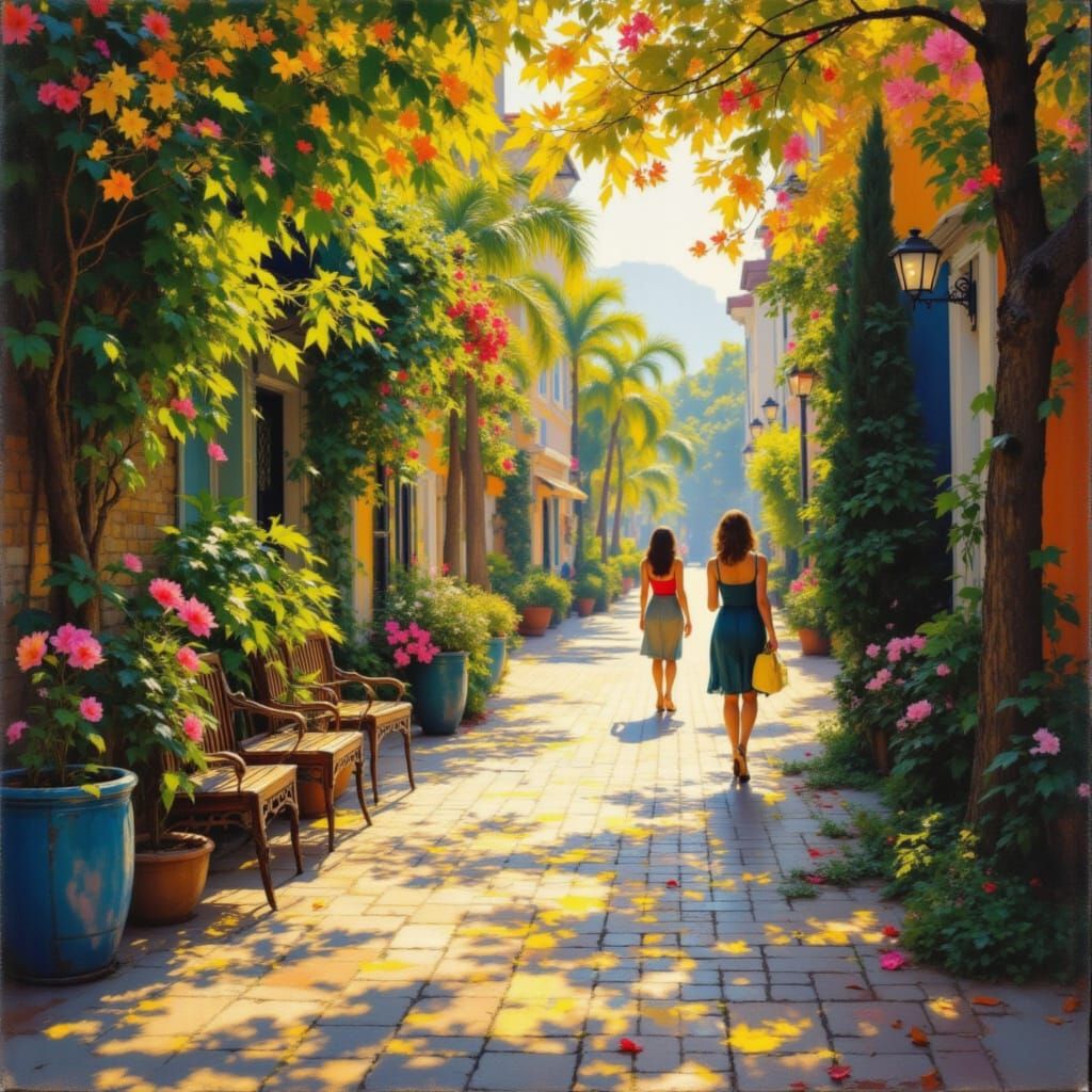 Woman Walking on Sunlit Street