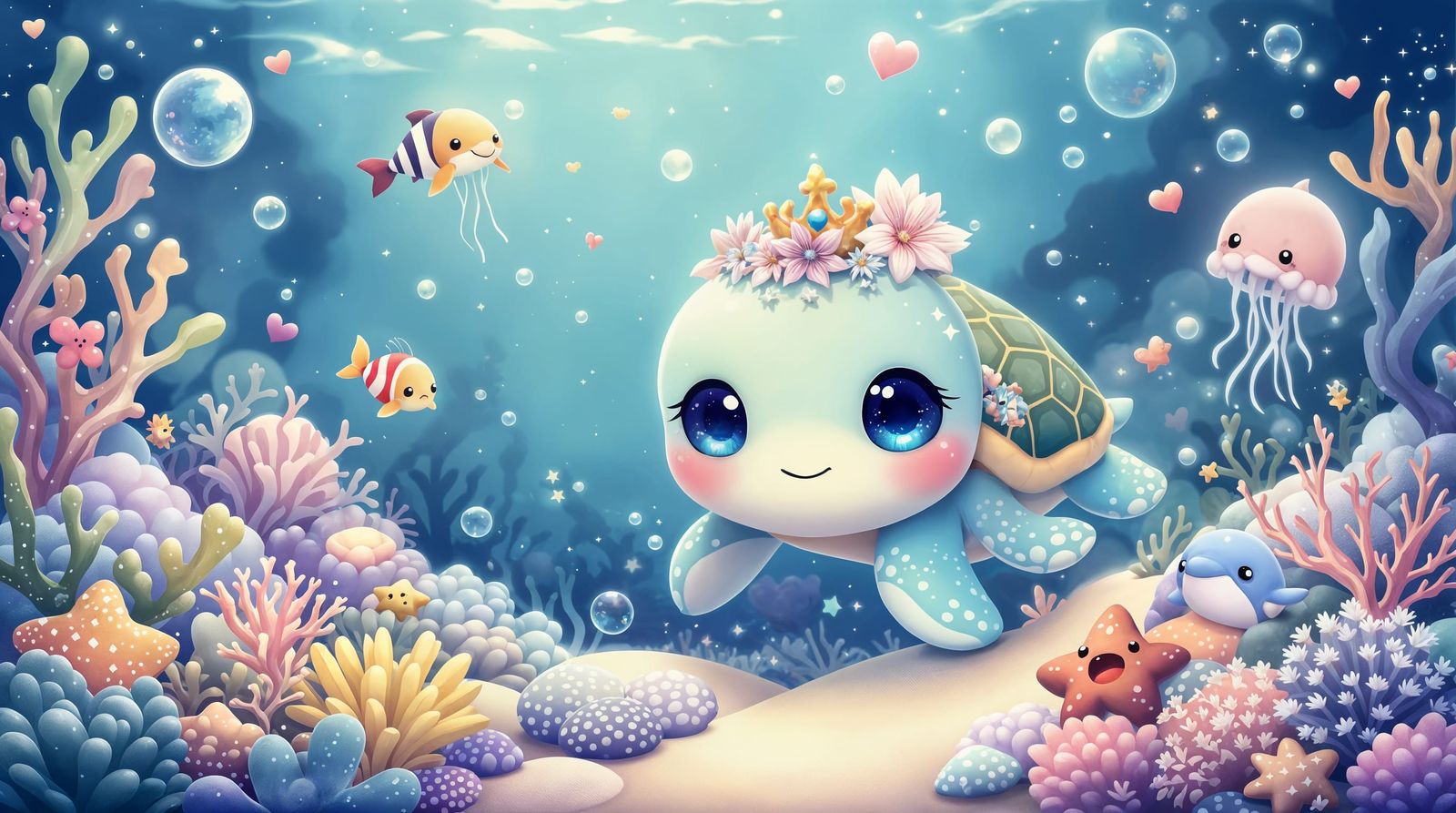 Chibi Sea Turtle in Dreamy Coral Reef
