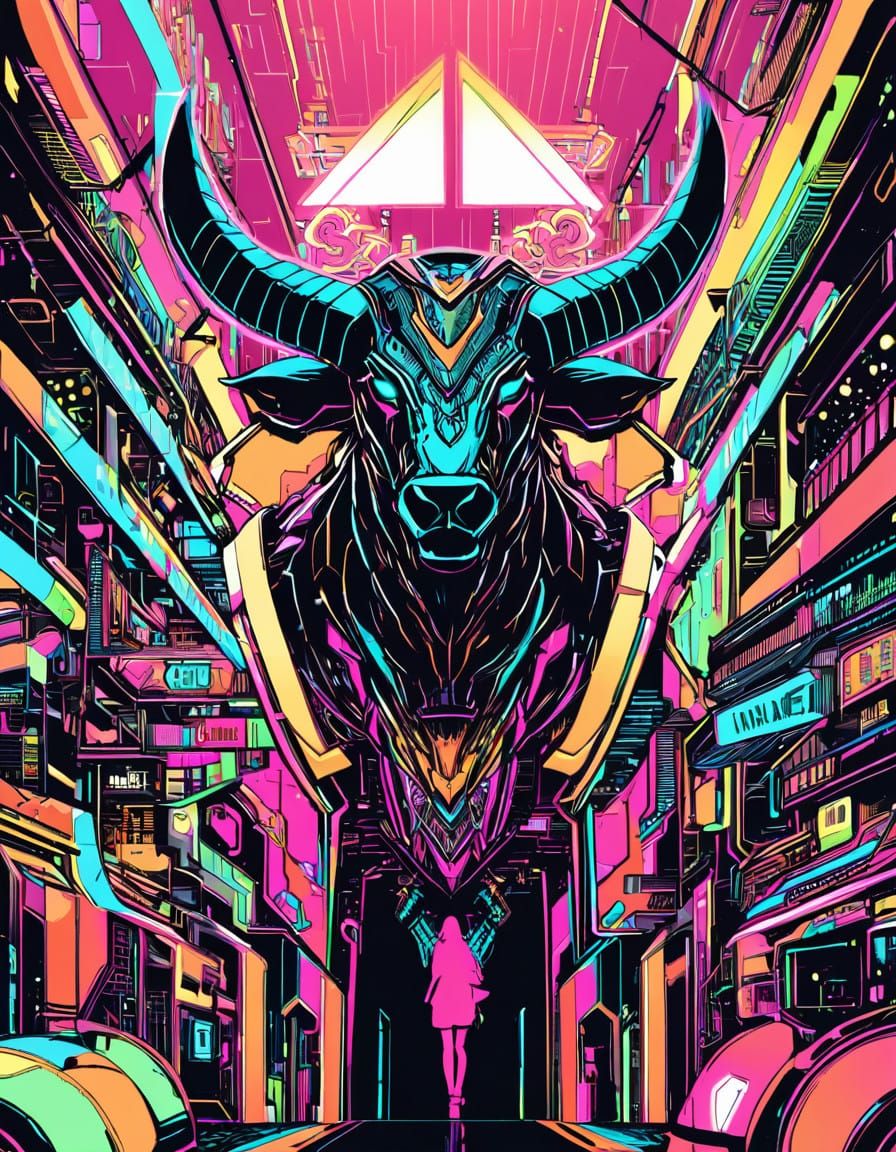 Cyborg Minotaur Unleashed in Neon-Lit Sci-Fi City