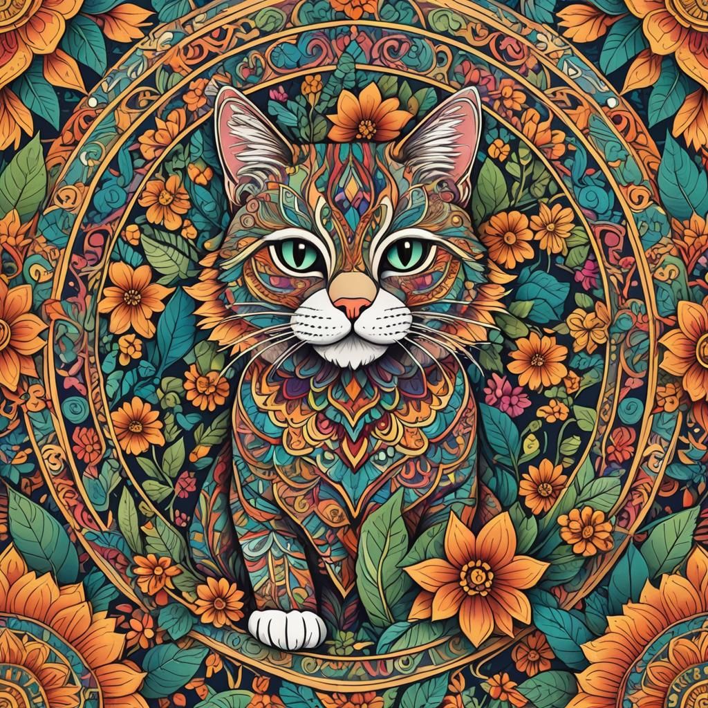 Detailed Cat Mandala Coloring Book Illustration
