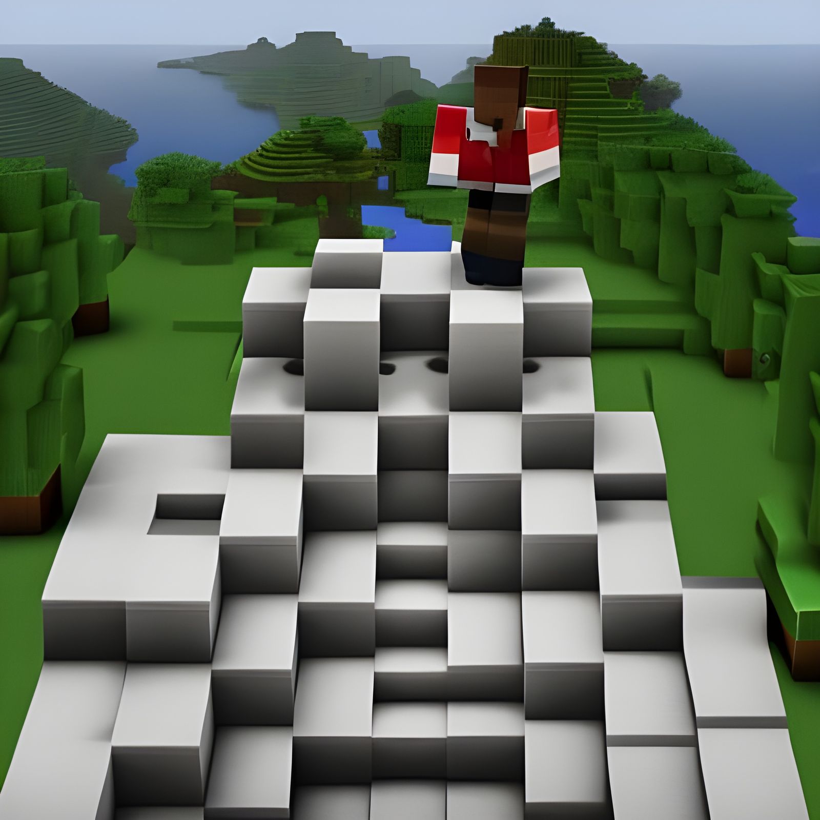 Minecraft Character on Block Mountain, 3D Render
