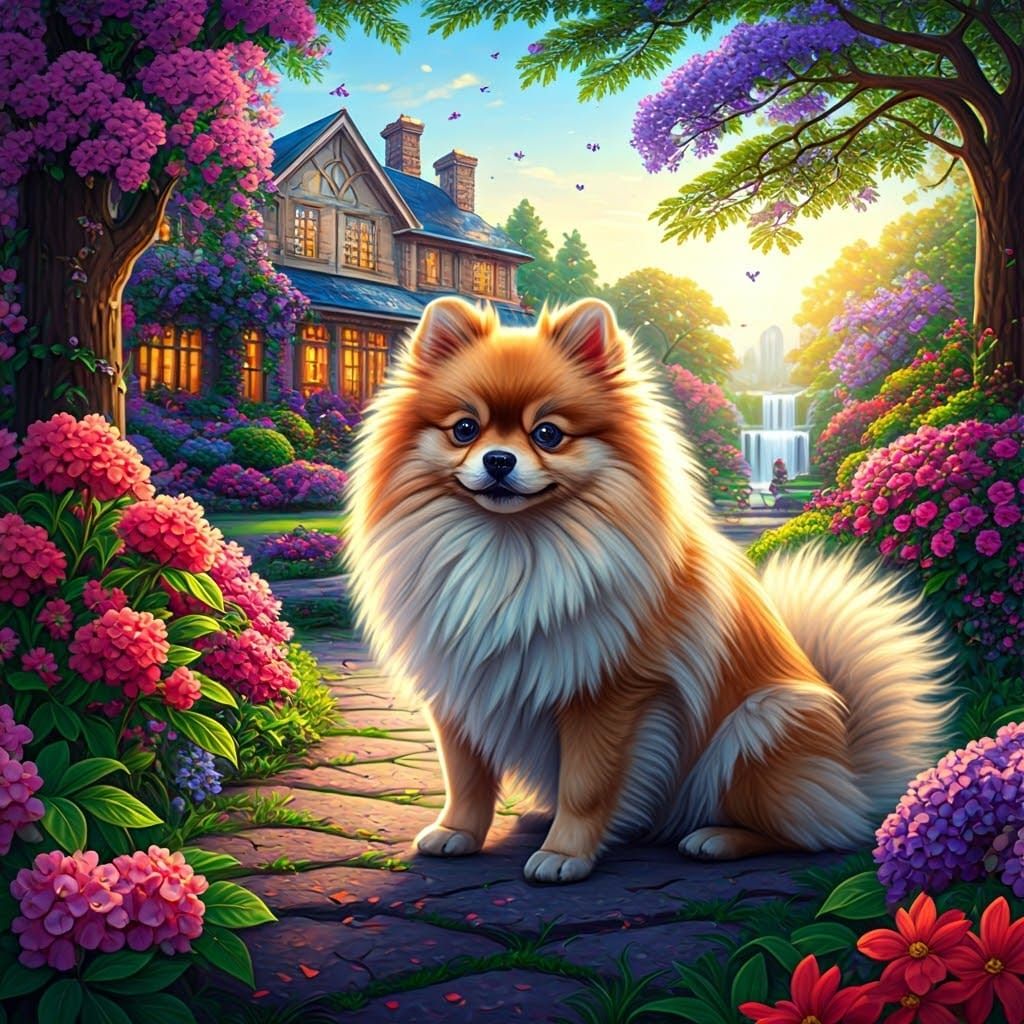 Bioluminescent Pomeranian in Ethereal Garden, Ultrarealistic...
