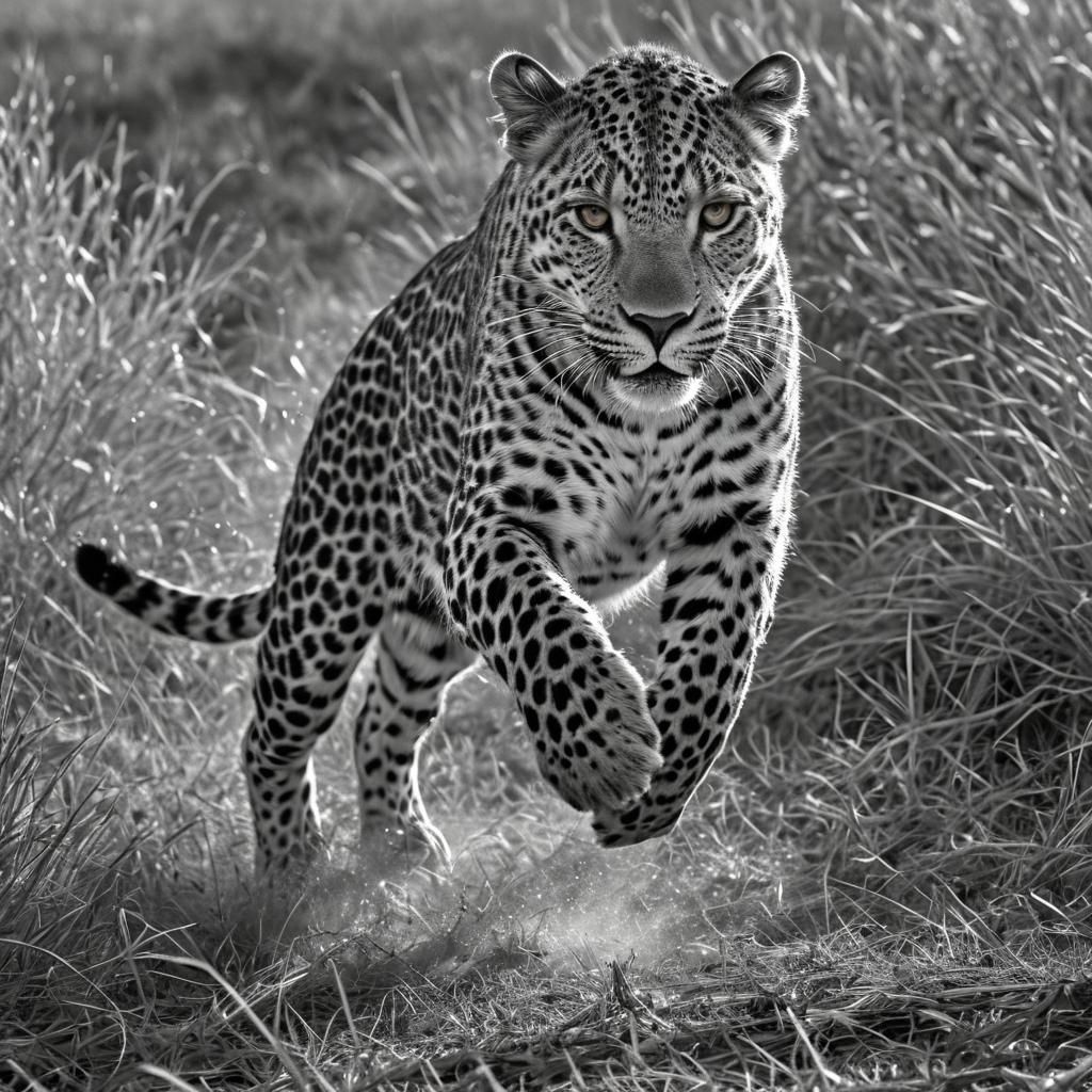 Leaping Leopard in Dramatic Monochrome Wildlife Photography