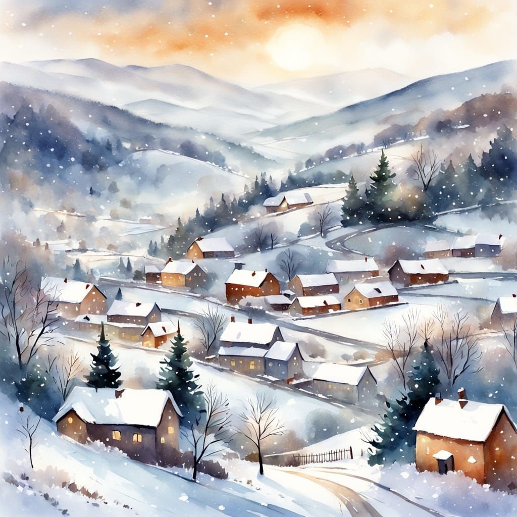 Snowy Village Street in Winter Watercolor Painting