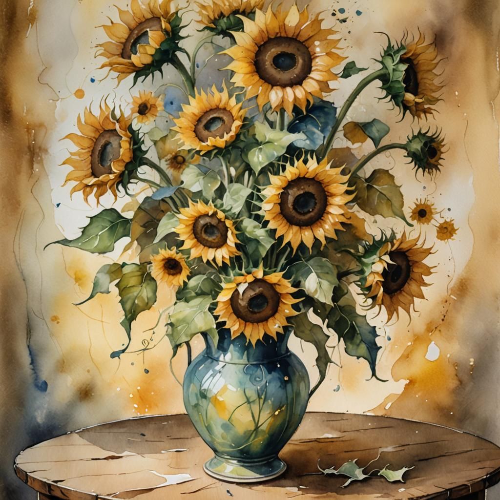 Sunflowers in Curved Vase: Watercolor Impressionism