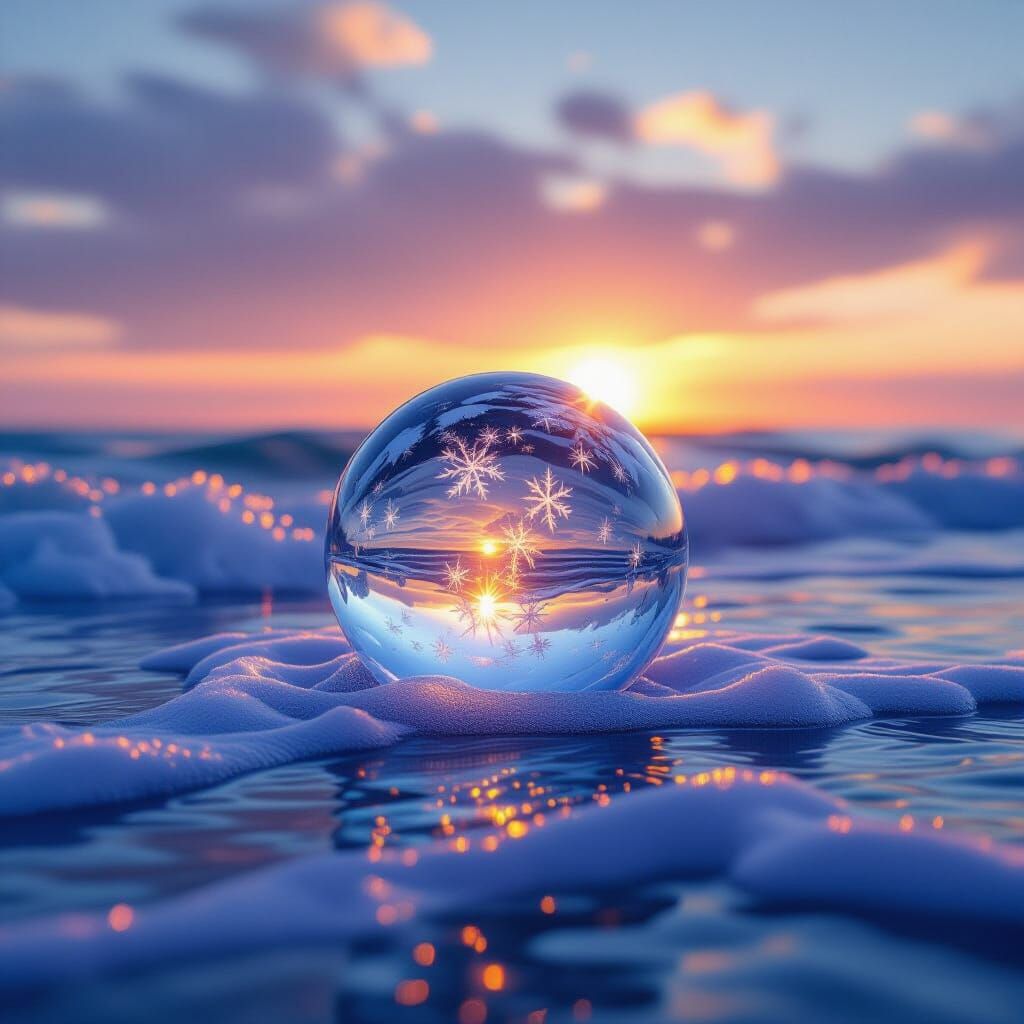 Hyperrealistic Ice Ball Sunset Scene