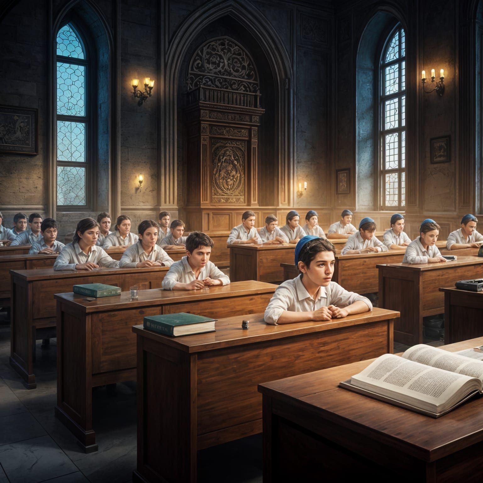 Surreal Scene of Jewish Children Learning in a Traditional C...