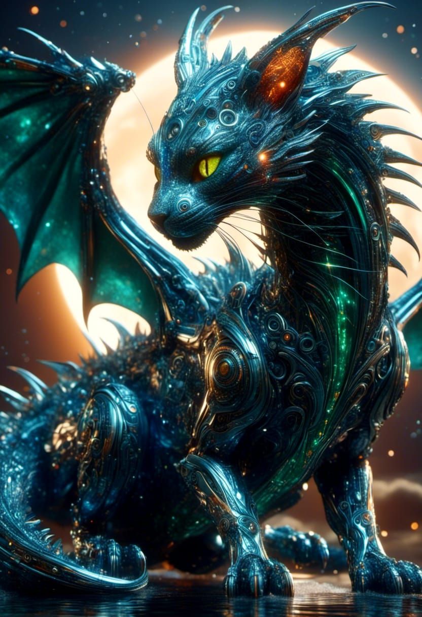 Bionic Cat-Dragon Wrapped Around Moon in Sci-Fi Style