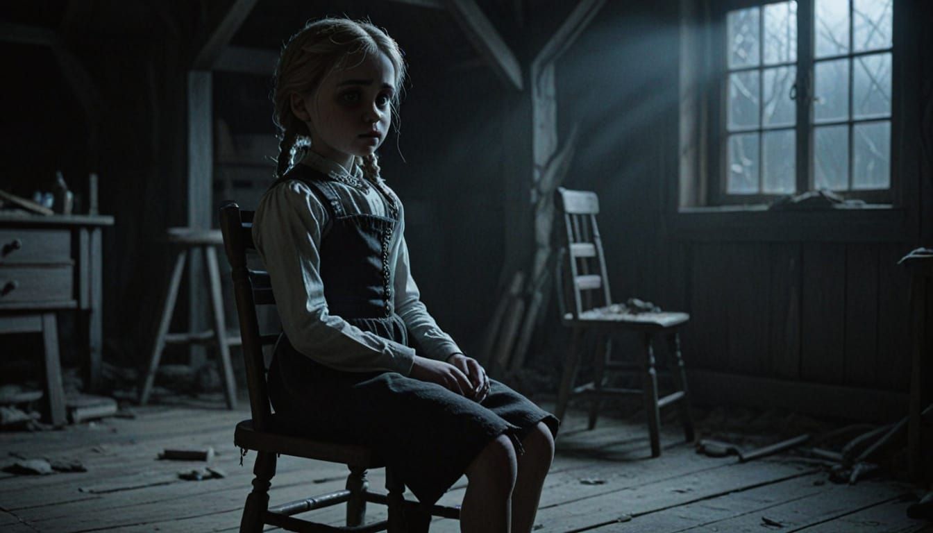 Dark Film Noir Masterpiece: Cracked Doll in Decaying Attic