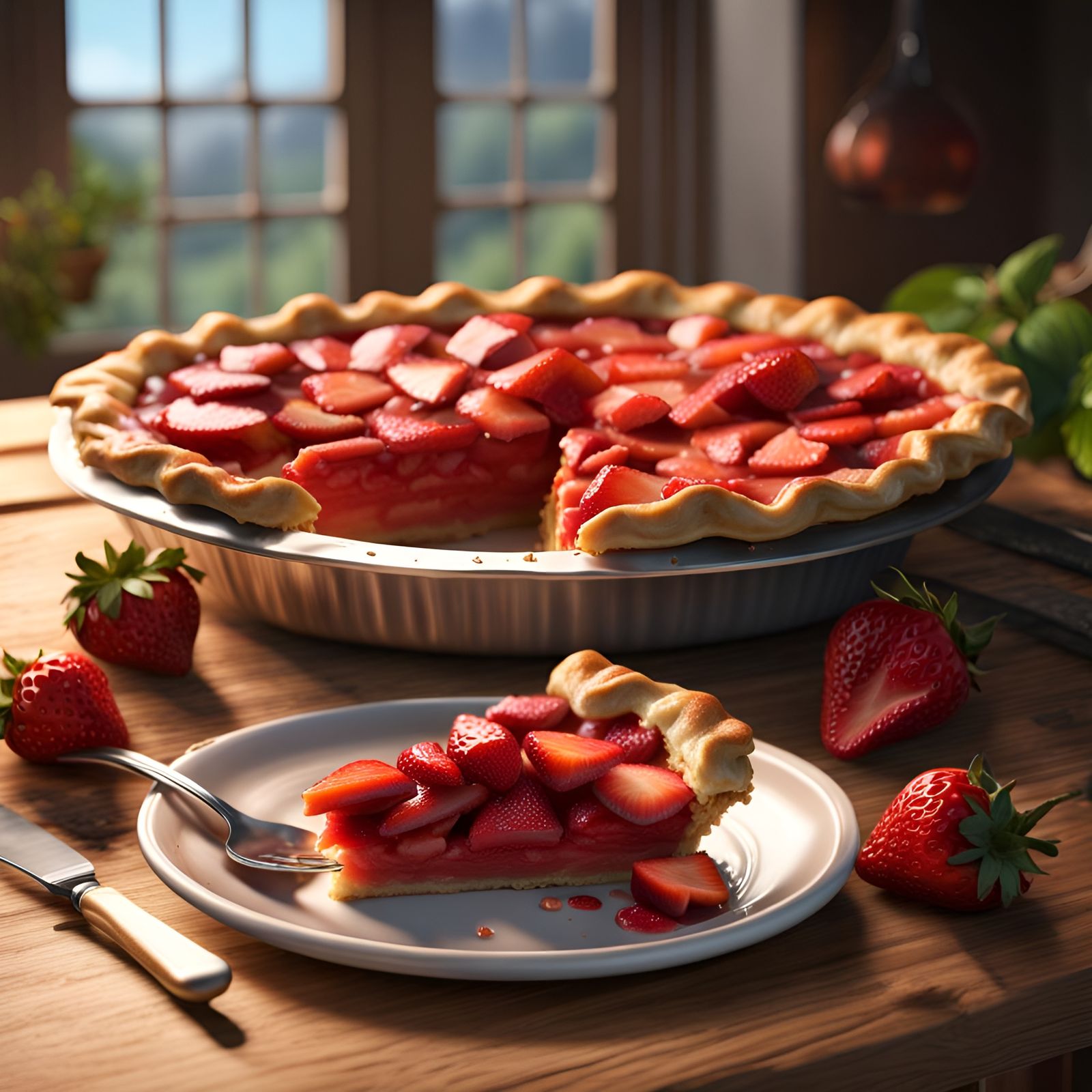 Hyperrealistic Strawberry-Rhubarb Pie Slice in Natural Light