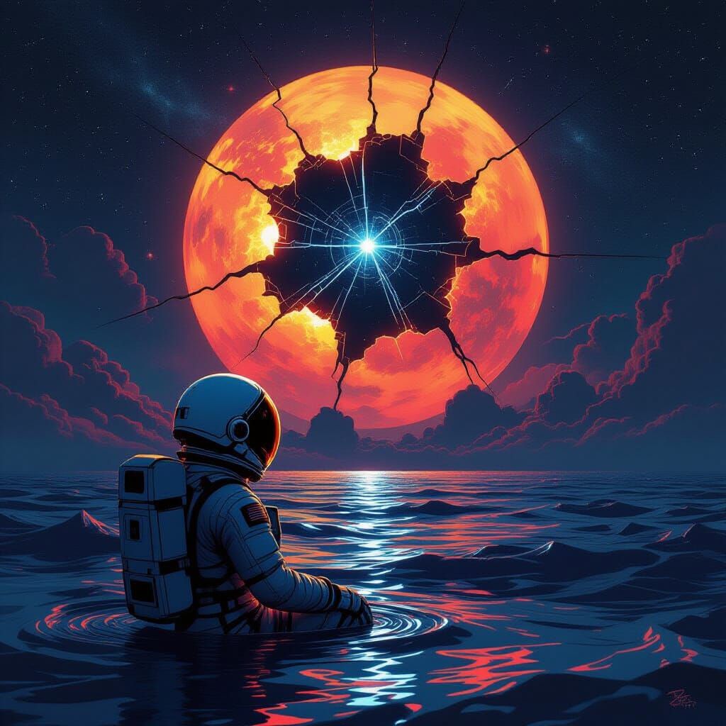 Astronaut Drifts in Cosmic Ocean, Gazing at Fractured Sun