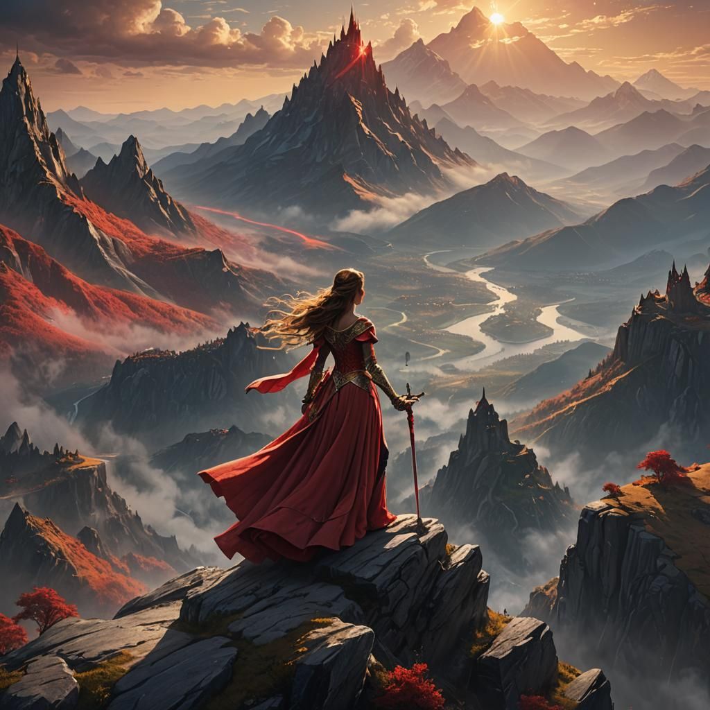 Princess with Sword on Mountain Peak in Matte Painting Style