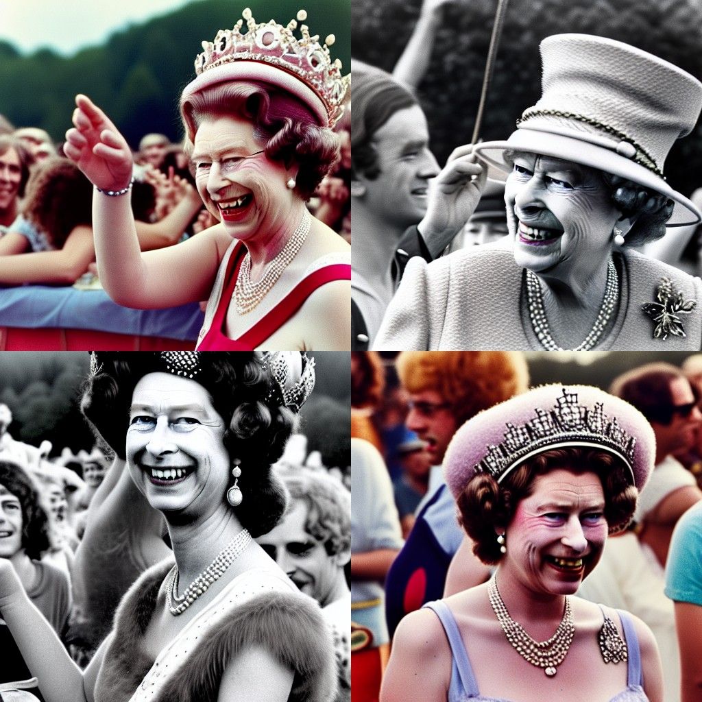 Queen Elizabeth II at Woodstock: Hyperrealistic Photo