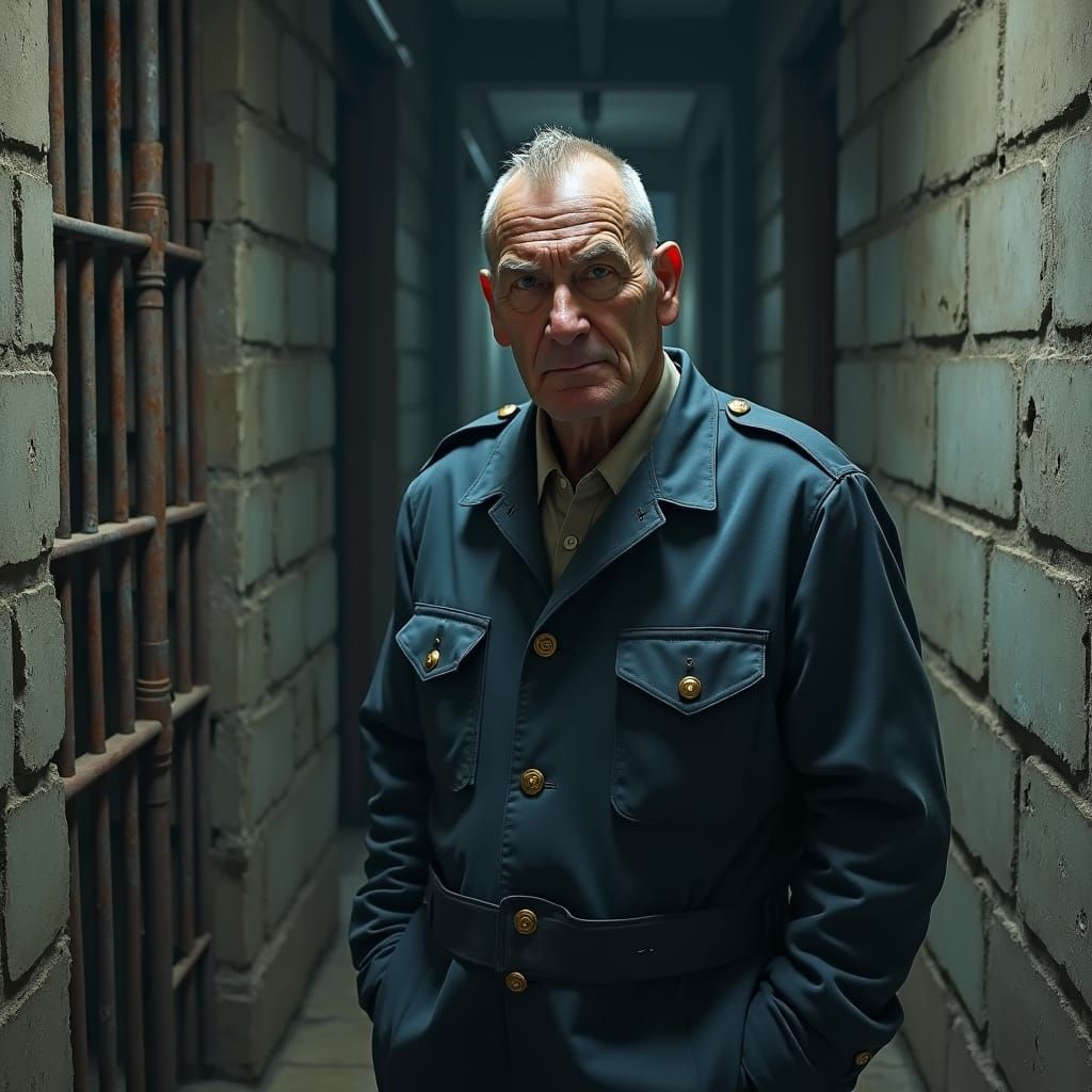 Weary Prison Officer in Dark, Gritty Realism