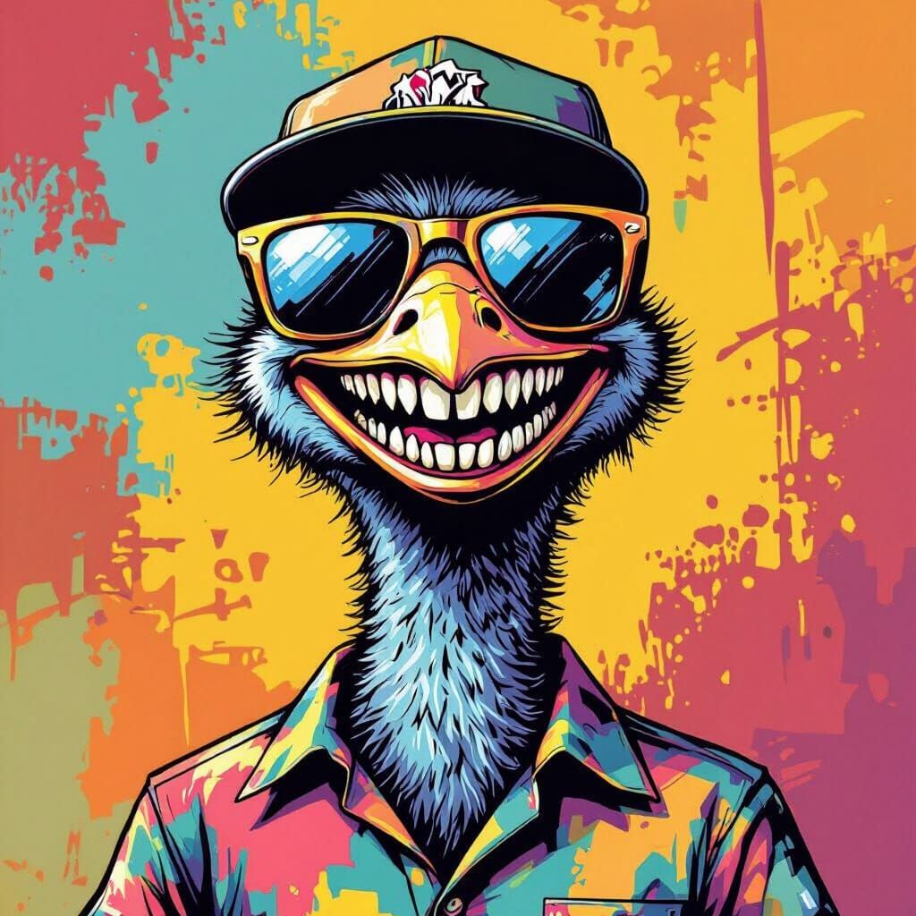 Smiling Emu with Diamond Teeth in Stylish Cap