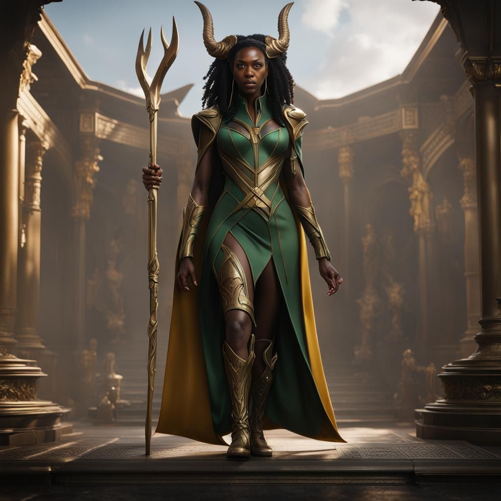 Ultrarealistic Loki as Black Woman: Fantasy Concept Art