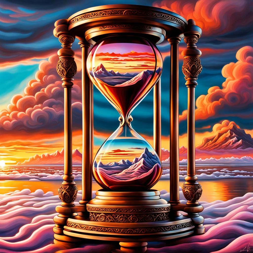 Ornate Hourglass at Dawn in Airbrush Style