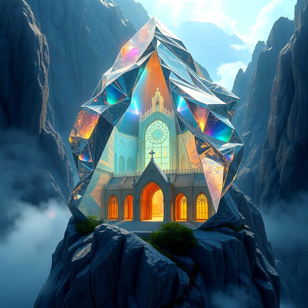 Surreal Church in Crystal with Vibrant Rays of Light