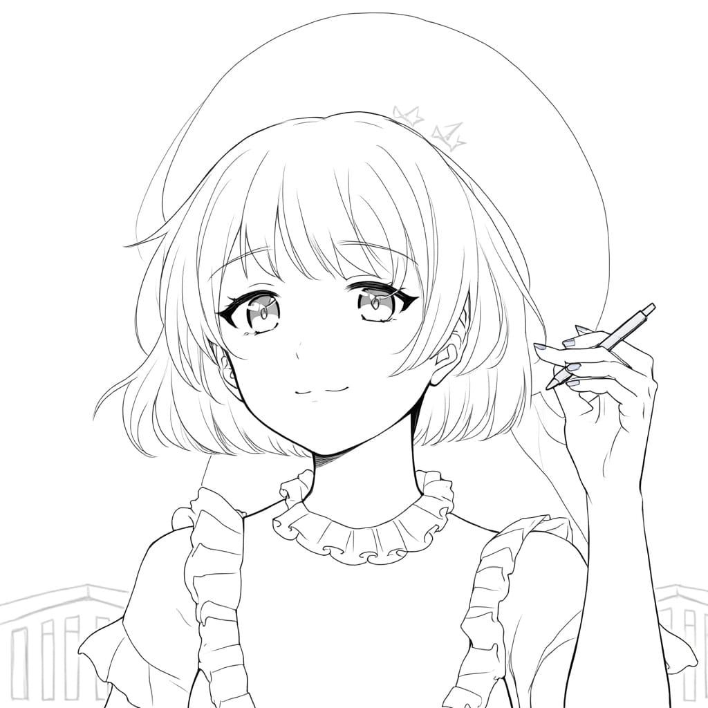 Line Drawing: Young Woman with Tiara and Pen