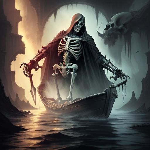 Grim Reaper's Journey: Gothic Art on Dark Waters