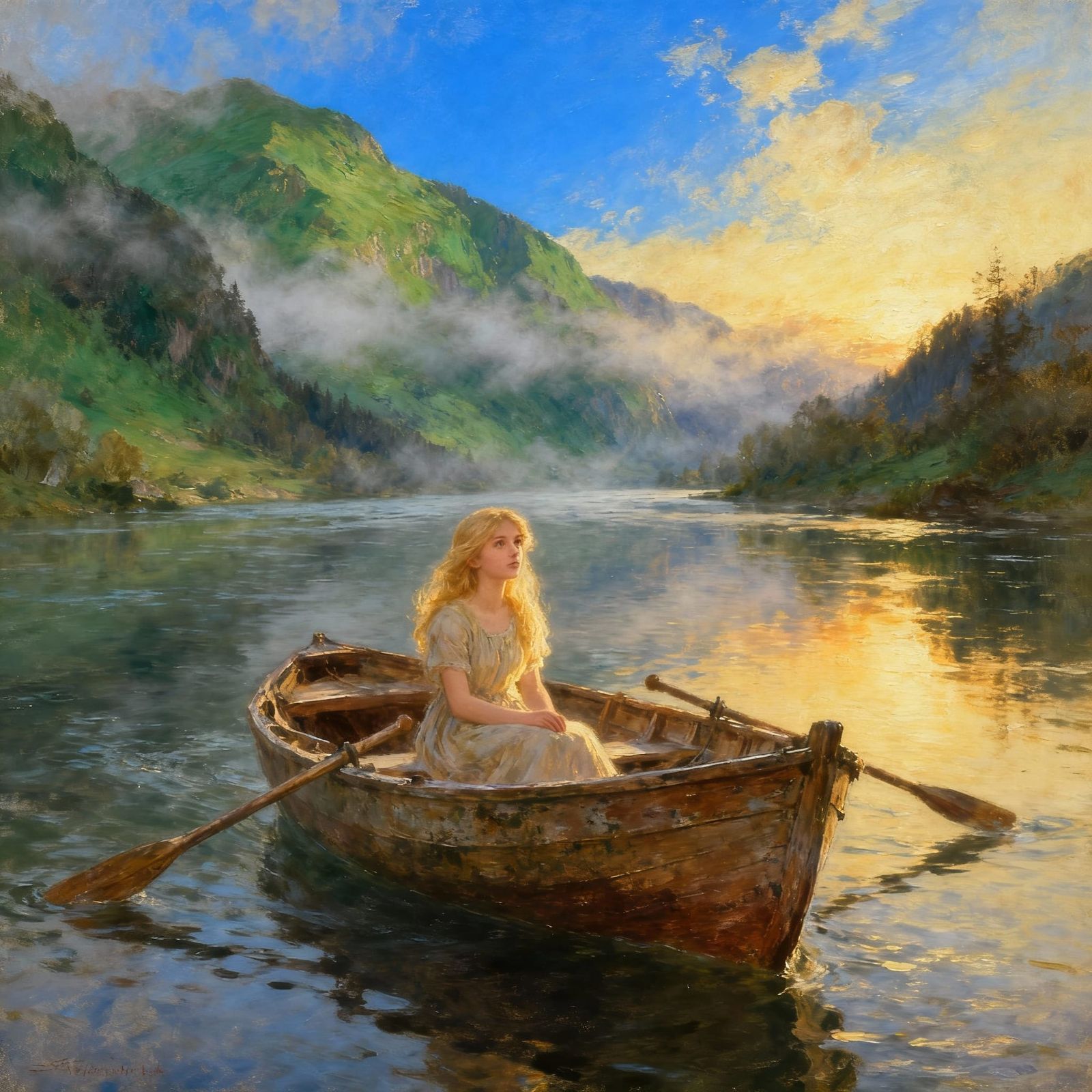Dreamy Girl in Wooden Boat on River, Romanticism Oil Paintin...