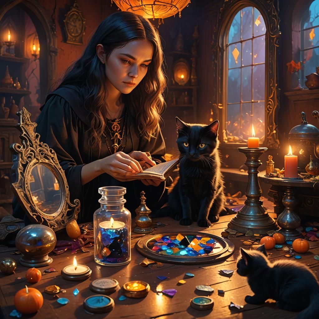 Mystical Witch Reading Tarot Cards in Fantasy Art