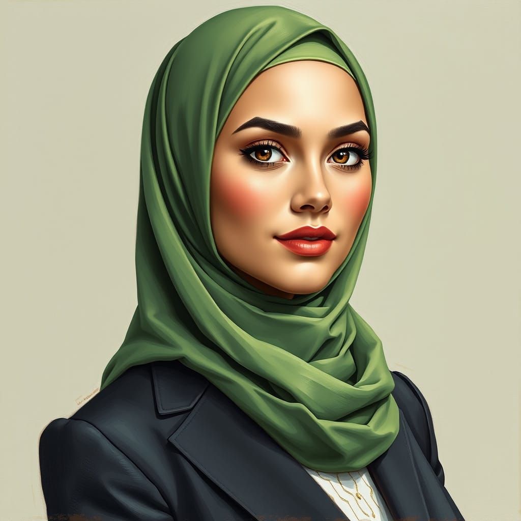 Confident Hijabi Businesswoman Portrait in Detailed Painting...
