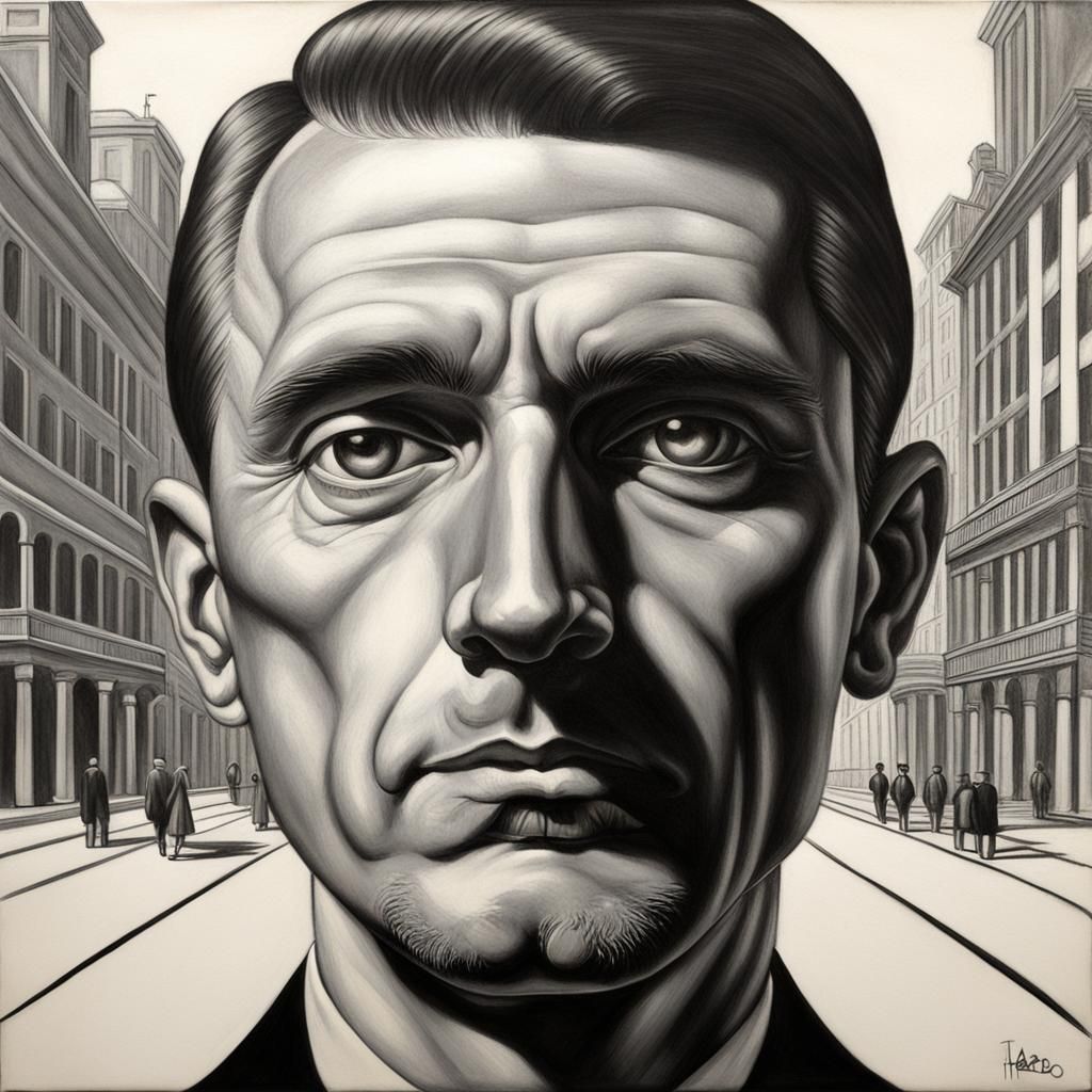 Art Deco Charcoal Portrait with Reflective Surface