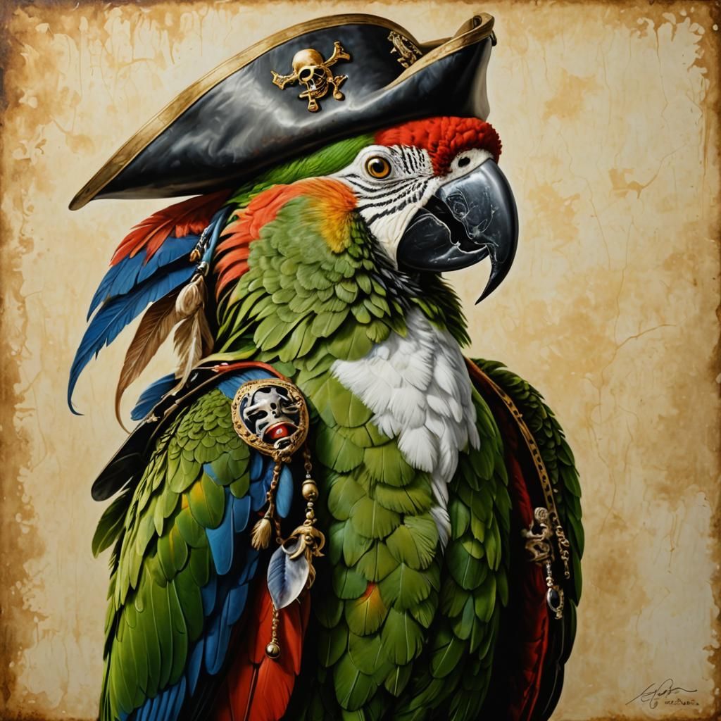 Pirate Parrot Portrait in Pointillist Airbrush Style