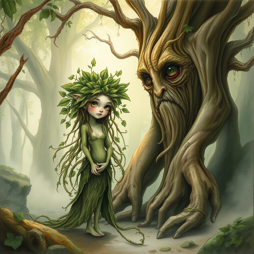 Dryad and Ancient Ent in Whimsical Forest Scene