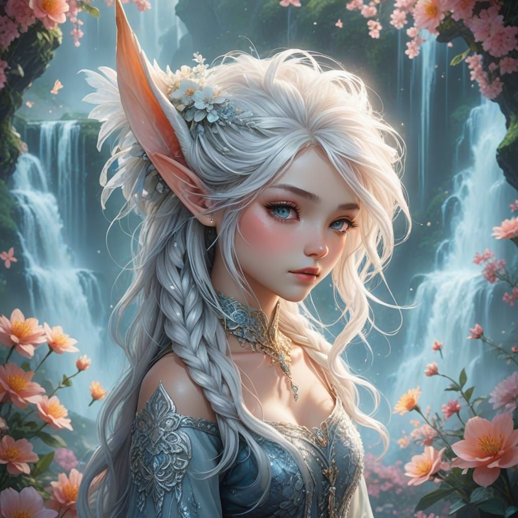 Ethereal Elf with Shimmering Hair in Anime Style