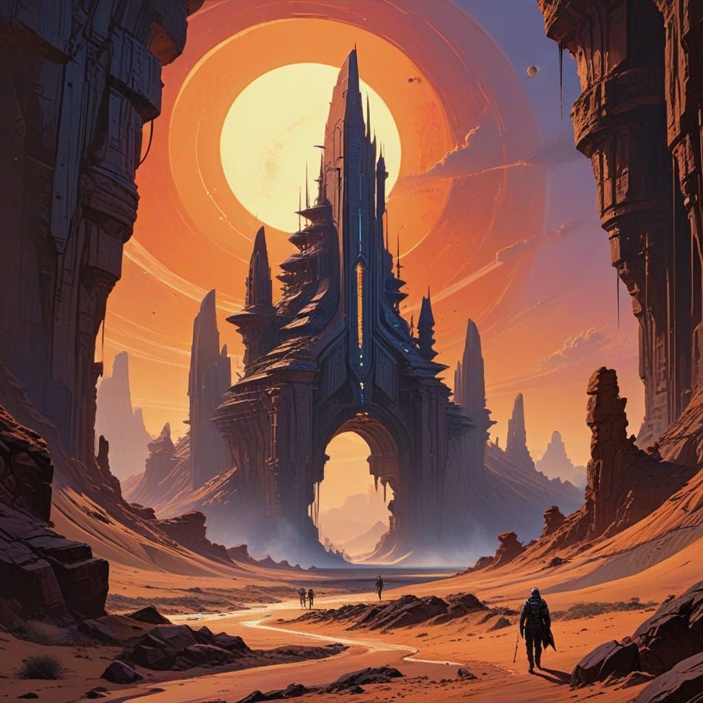 Majestic Dune-Inspired Oil Painting of a Binary Sunset on a...