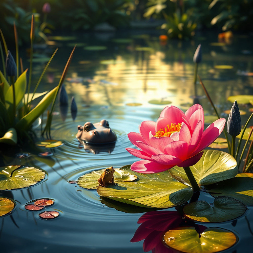 Enchanting Pond Scene with Hippo in Fantasy Style