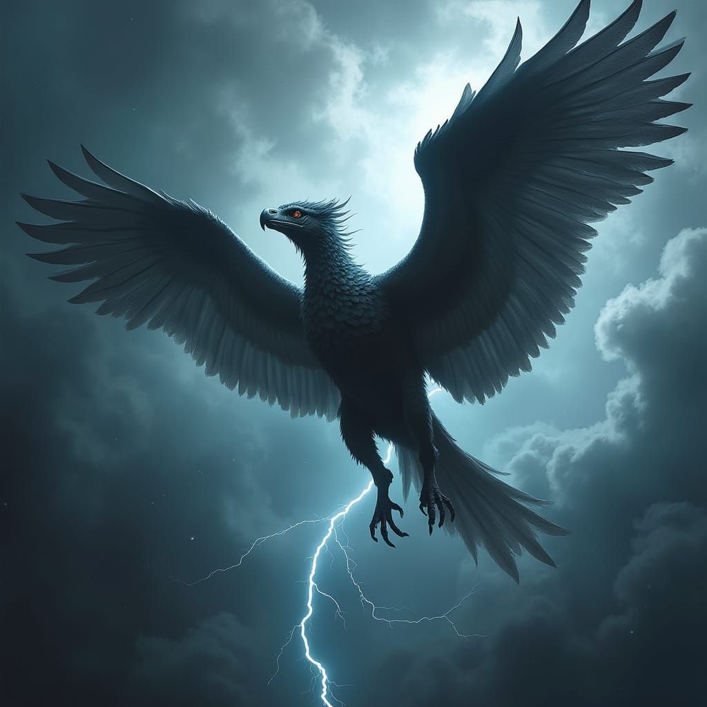 Griffin Soaring in Stormy Sky: Chiaroscuro Style