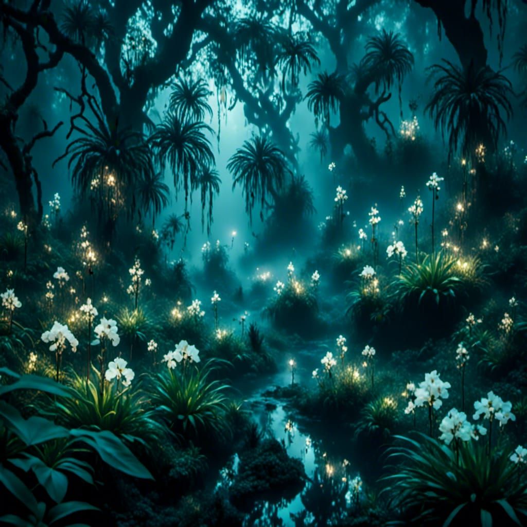 Magical Jungle with Glowing Flowers and Panther