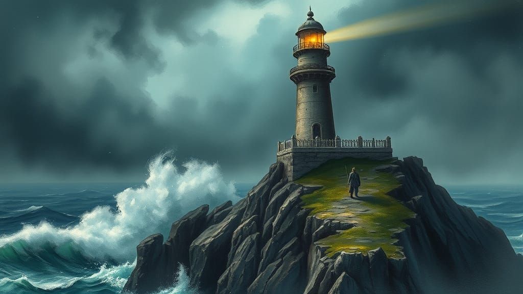 Gothic Lighthouse Keeper Amidst Storm, Watercolor Textures