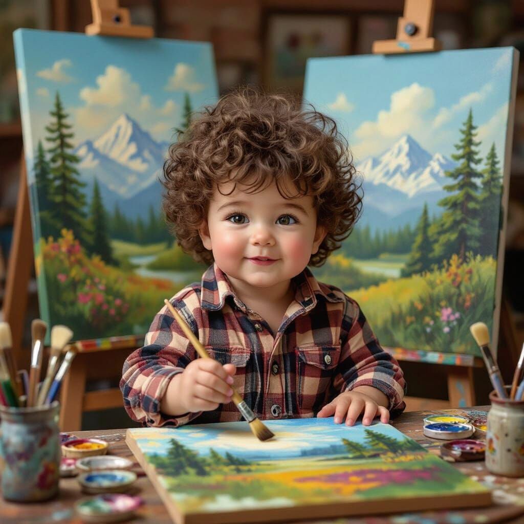 Hyperrealistic Baby Bob Ross Painting a Landscape