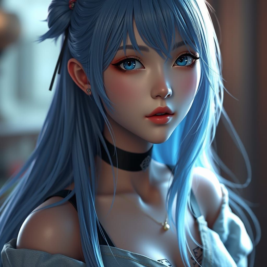 Trendy Anime Singer Girl with Blue Hair in 3D