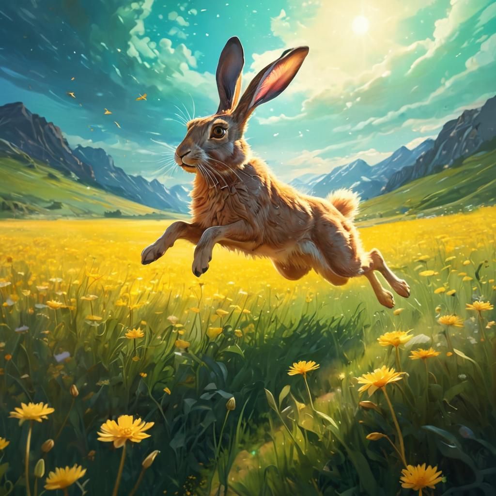Mystical Hare Leaps in Golden Art Nouveau Landscape