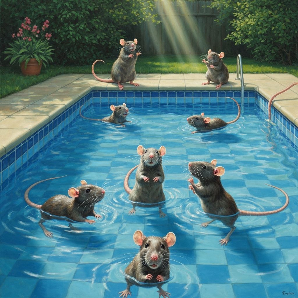Rats Swimming in Pool Oil Painting in Norman Rockwell Style