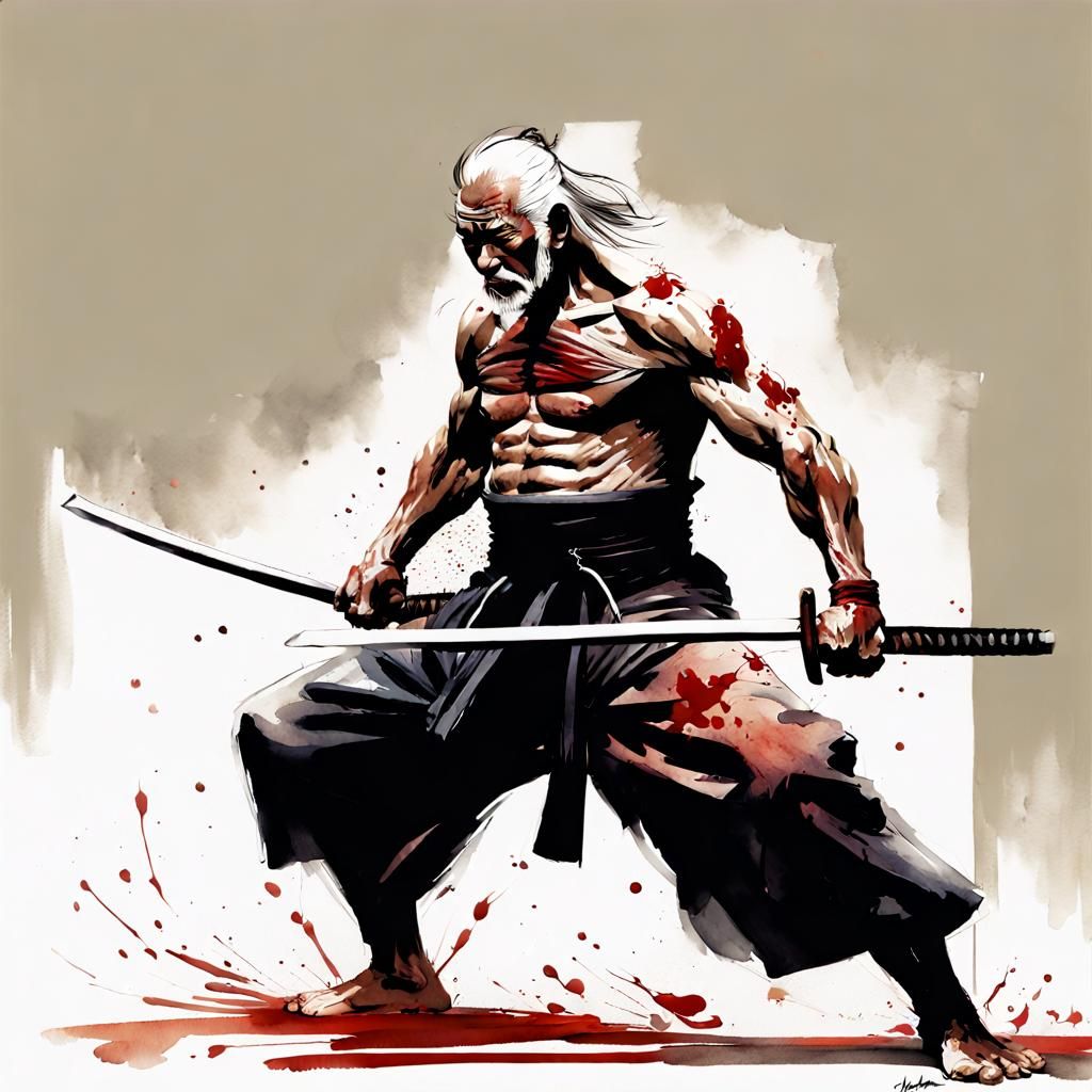 Asian Samurai Warrior in Digital Watercolor Style