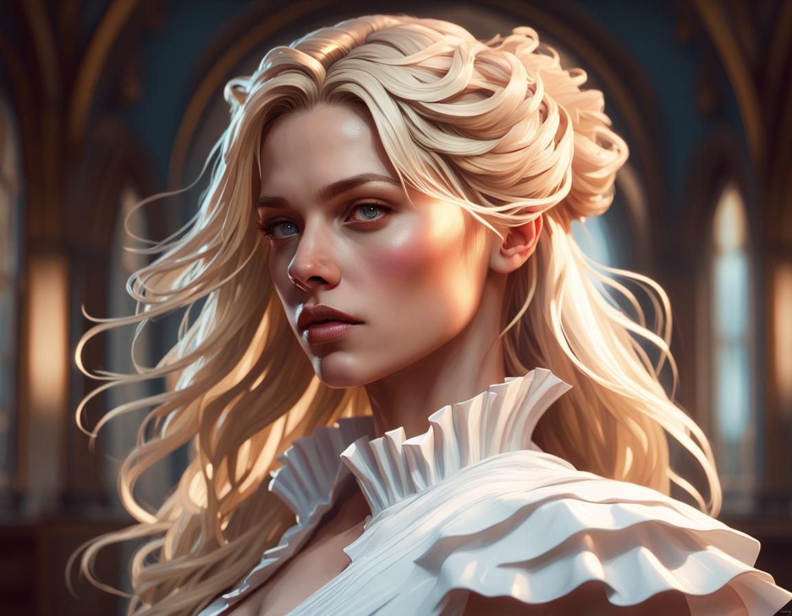 Blond Woman in Frilled Dress at Sunset